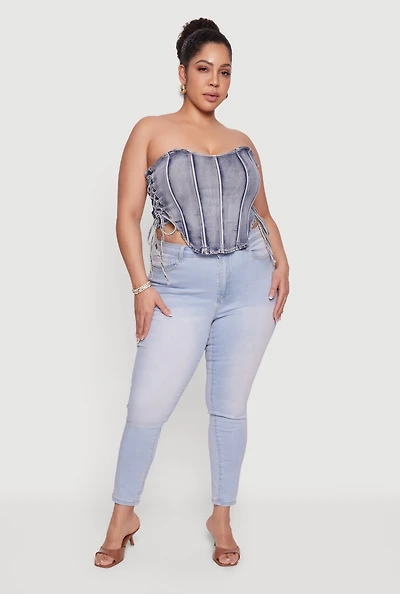 Plus Acid Wash Denim Corset Top