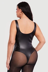 Plus Size Faux Leather Notch Neck Corset Bodysuit