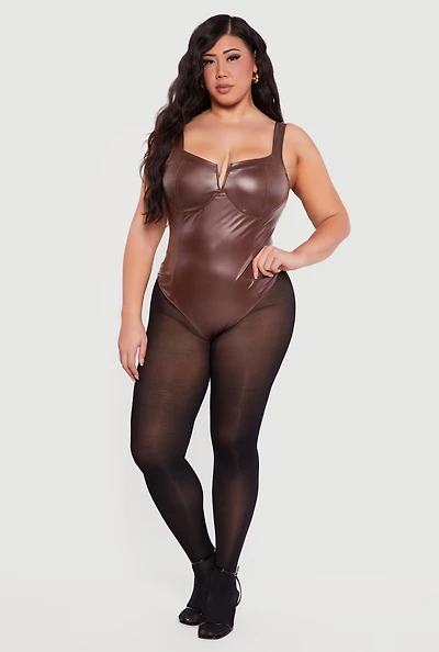 Plus Faux Leather Notch Neck Corset Bodysuit
