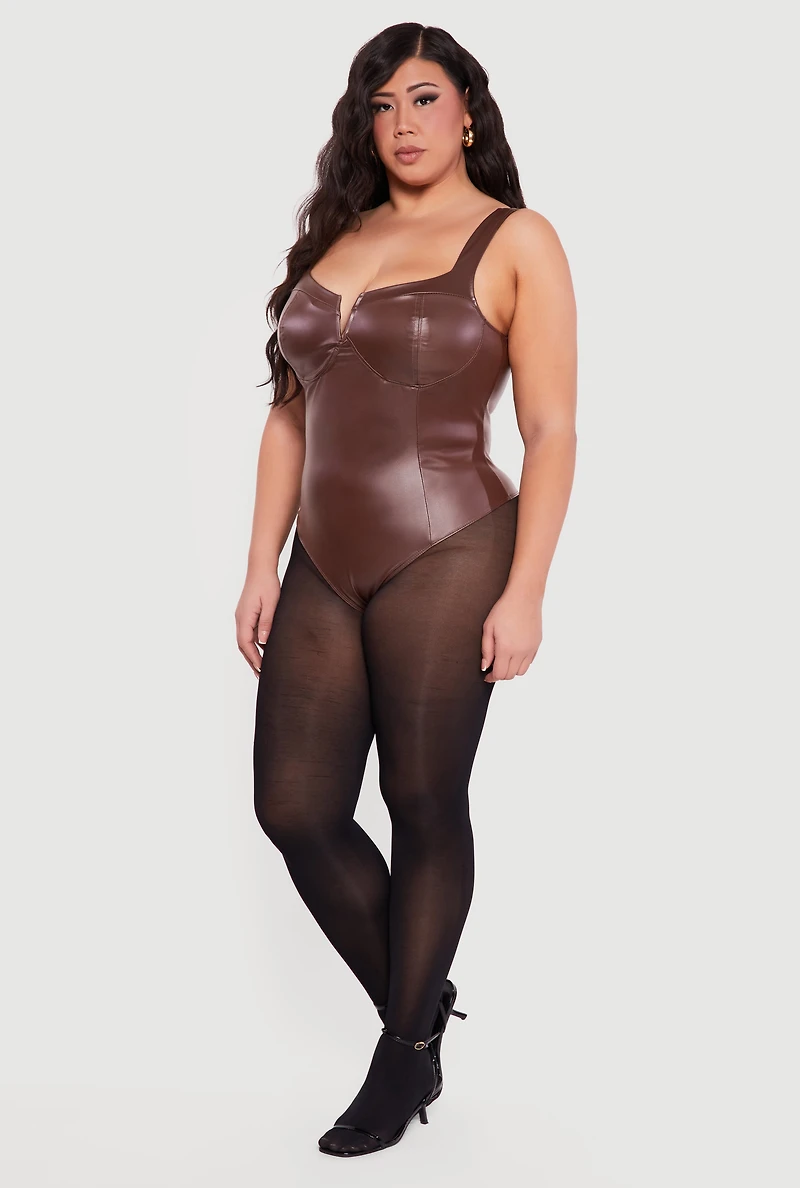 Plus Faux Leather Notch Neck Corset Bodysuit