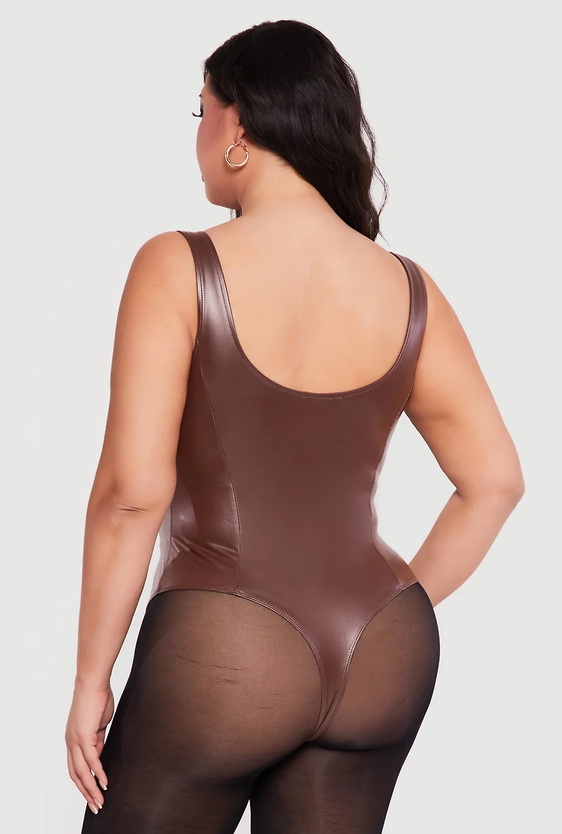 Plus Faux Leather Notch Neck Corset Bodysuit