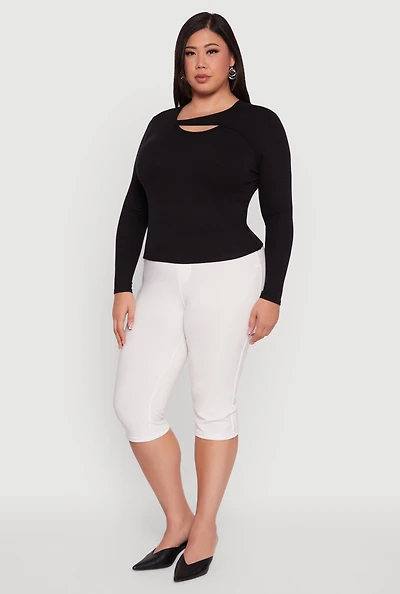 Womens Plus Size Ribbed Knit Keyhole Long Sleeve Tee, Black, Size 3X