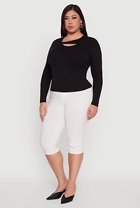 Womens Plus Size Ribbed Knit Keyhole Long Sleeve Tee, Black, Size 3X