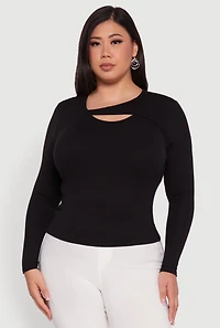 Womens Plus Size Ribbed Knit Keyhole Long Sleeve Tee, Black, Size 3X