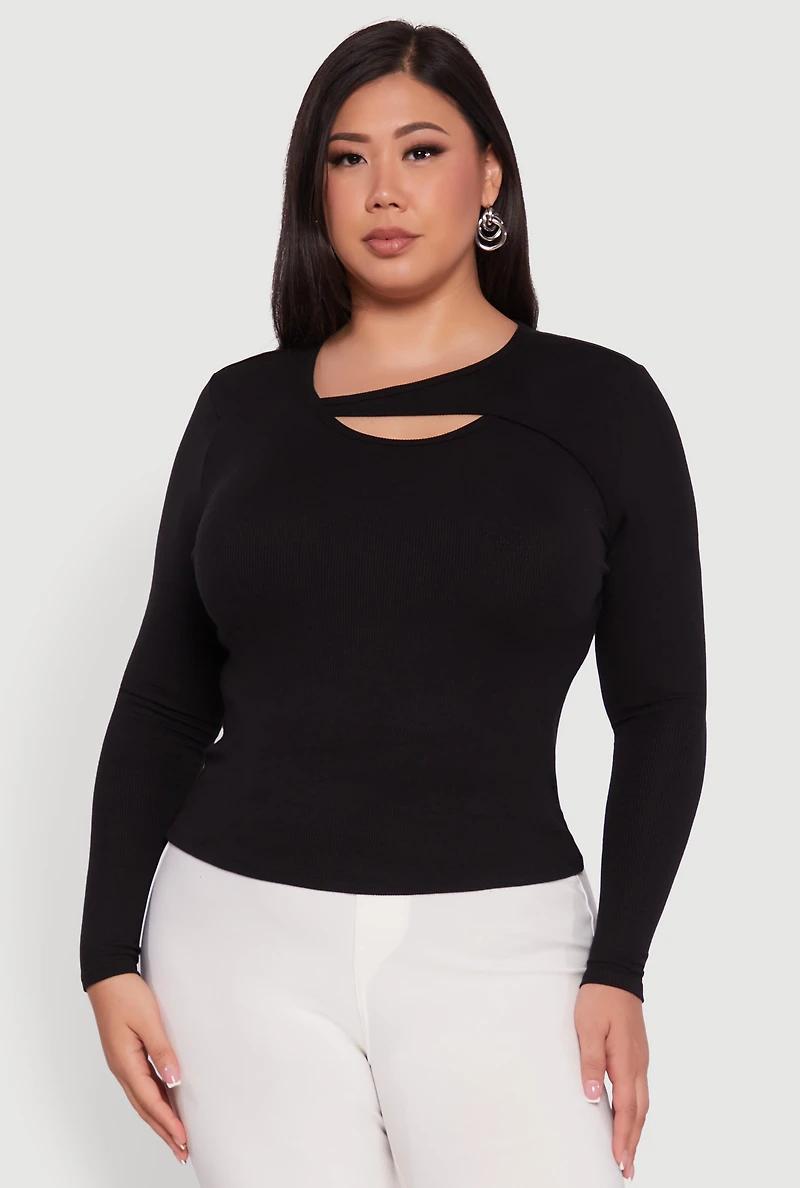 Womens Plus Ribbed Knit Keyhole Long Sleeve Tee, Black,