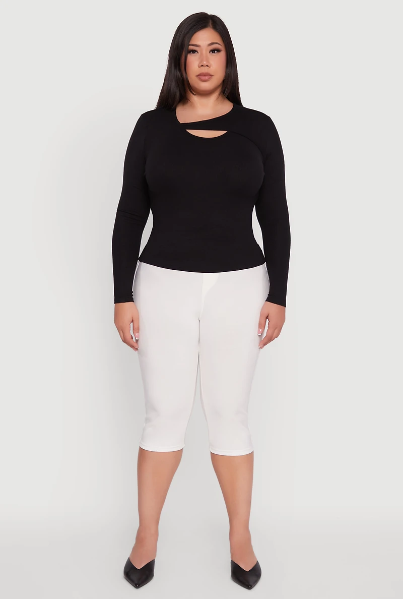 Womens Plus Ribbed Knit Keyhole Long Sleeve Tee, Black,
