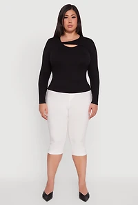 Womens Plus Size Ribbed Knit Keyhole Long Sleeve Tee, Black, Size 2X