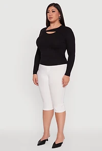 Womens Plus Size Ribbed Knit Keyhole Long Sleeve Tee, Black, Size 3X