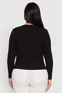 Womens Plus Size Ribbed Knit Keyhole Long Sleeve Tee, Black, Size 2X