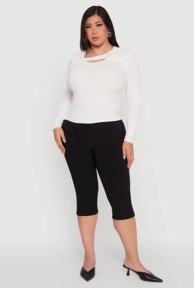 Womens Plus Size Ribbed Knit Keyhole Long Sleeve Tee, White, Size 2X