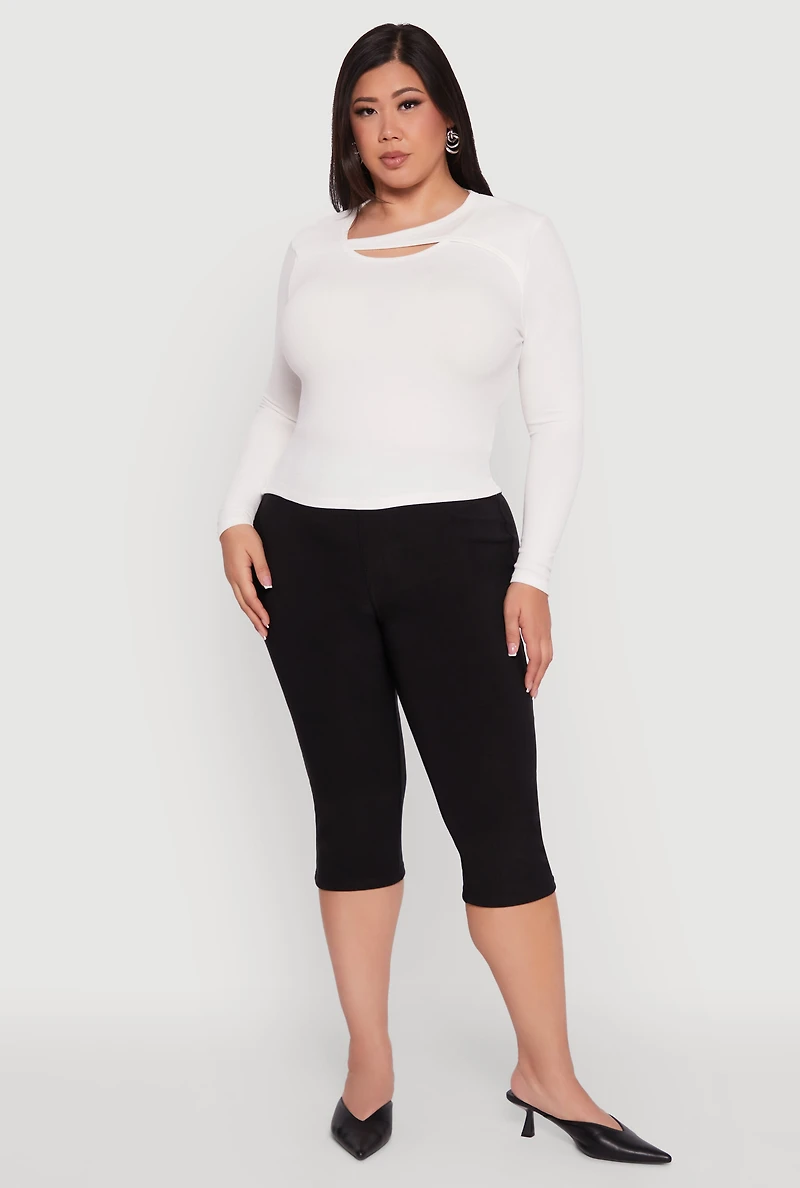 Womens Plus Size Ribbed Knit Keyhole Long Sleeve Tee, White, Size 3X
