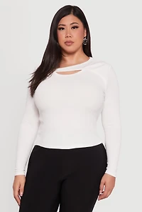 Womens Plus Size Ribbed Knit Keyhole Long Sleeve Tee, White, Size 3X