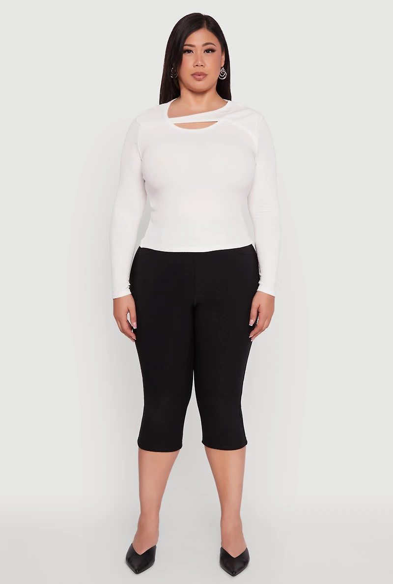 Womens Plus Size Ribbed Knit Keyhole Long Sleeve Tee, White, Size 3X