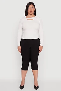 Womens Plus Size Ribbed Knit Keyhole Long Sleeve Tee, White, Size 3X