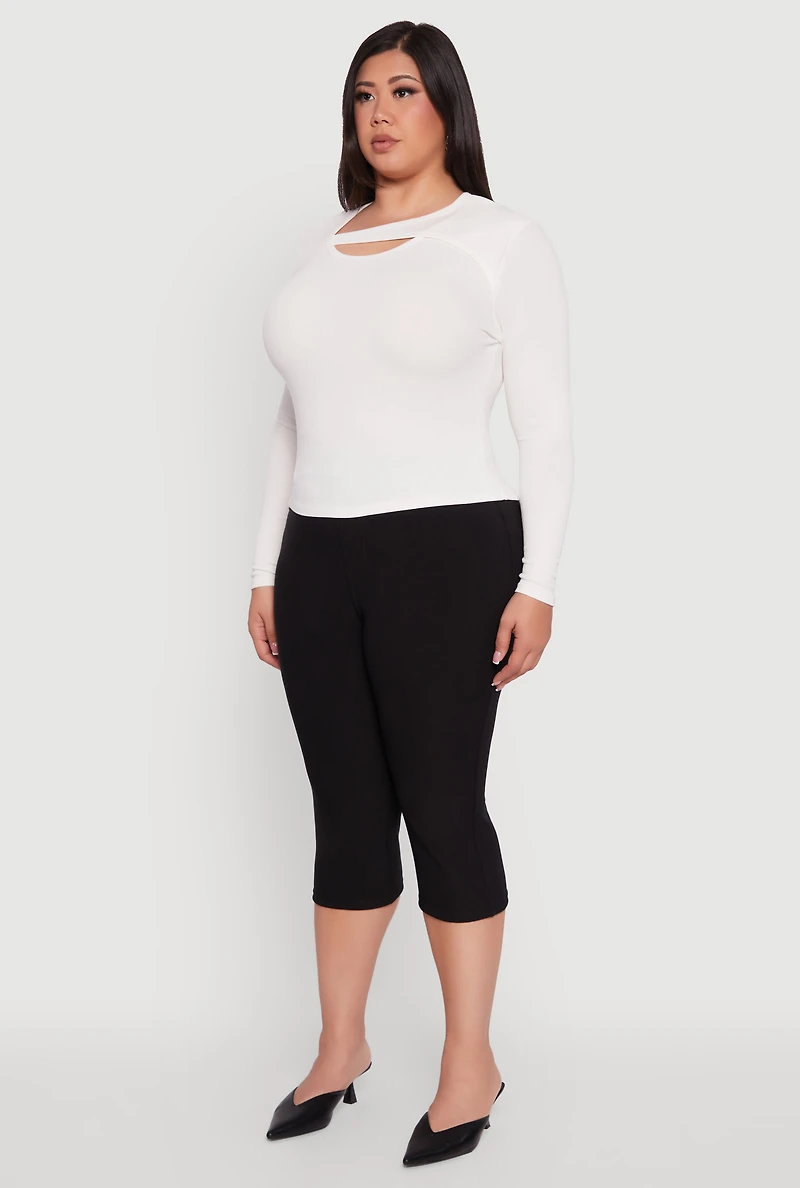 Womens Plus Size Ribbed Knit Keyhole Long Sleeve Tee, White, Size 3X