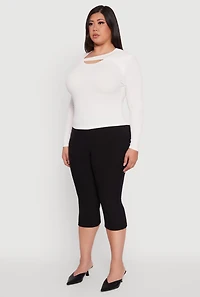 Womens Plus Size Ribbed Knit Keyhole Long Sleeve Tee, White, Size 3X