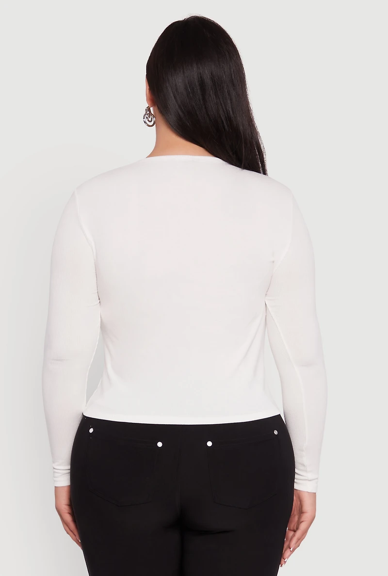 Womens Plus Size Ribbed Knit Keyhole Long Sleeve Tee, White, Size 3X