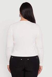 Womens Plus Size Ribbed Knit Keyhole Long Sleeve Tee, White, Size 3X