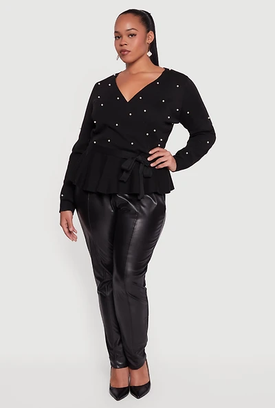 Plus Faux Pearl Wrap Sweater with Tie Waist Belt