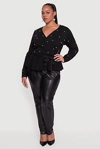 Plus Faux Pearl Wrap Sweater with Tie Waist Belt