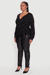 Womens Plus Faux Pearl Wrap Sweater with Tie Waist Belt, Black,