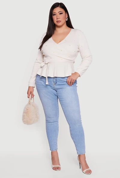 Plus Faux Pearl Wrap Sweater with Tie Waist Belt