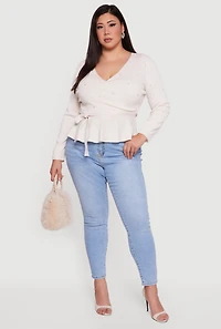 Plus Faux Pearl Wrap Sweater with Tie Waist Belt
