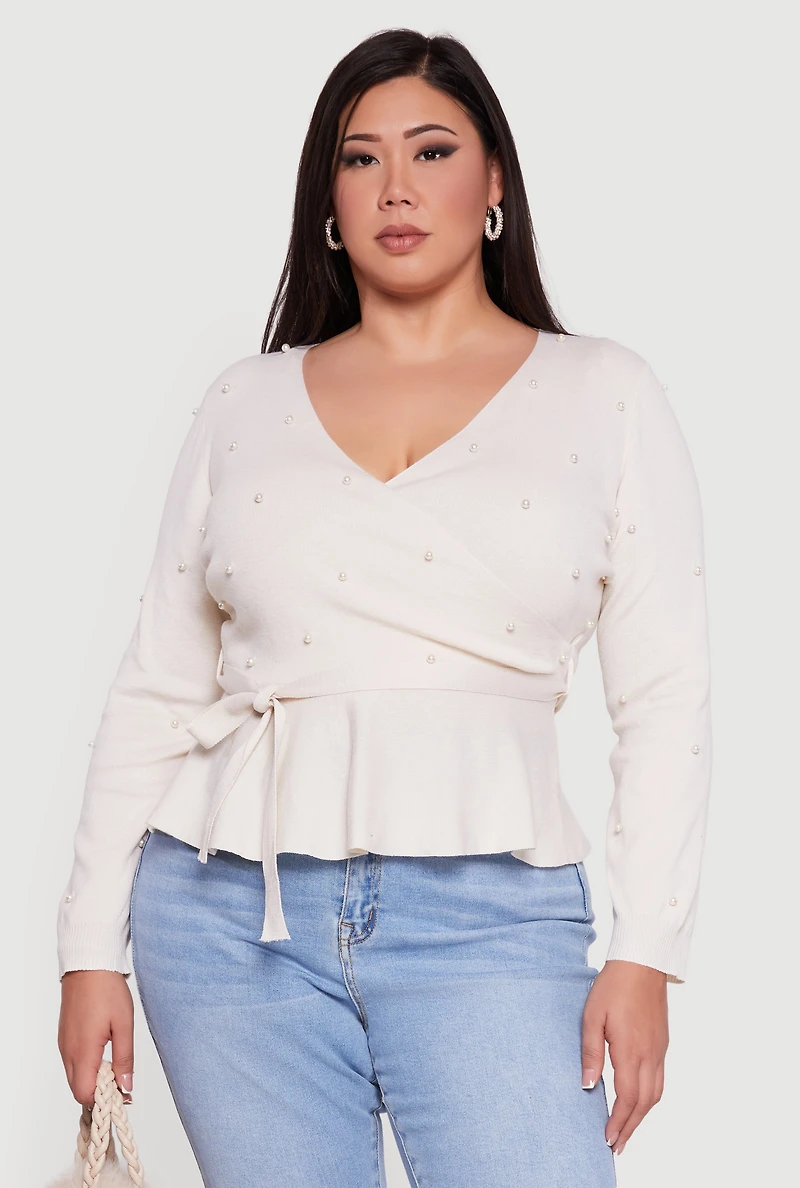 Plus Faux Pearl Wrap Sweater with Tie Waist Belt