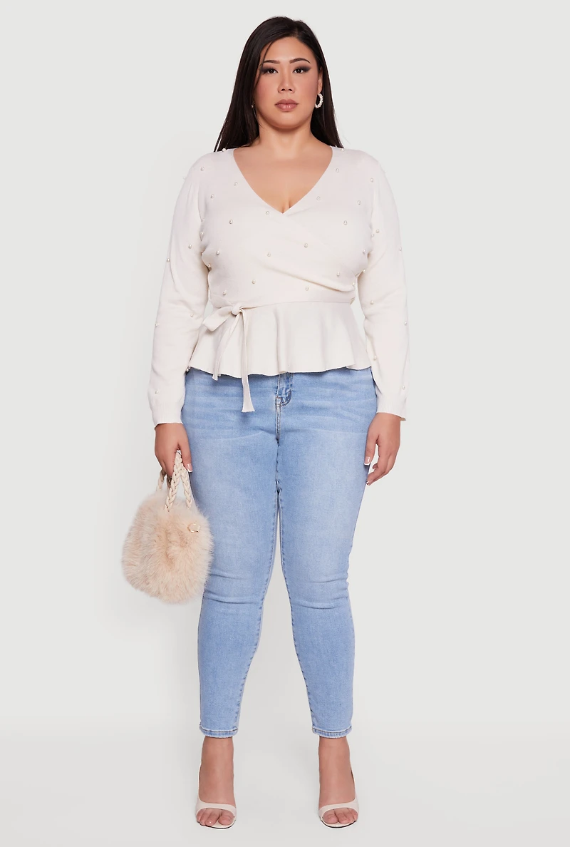 Plus Faux Pearl Wrap Sweater with Tie Waist Belt