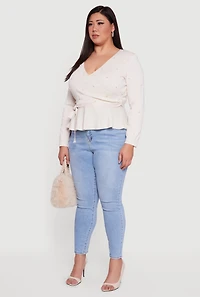 Plus Faux Pearl Wrap Sweater with Tie Waist Belt