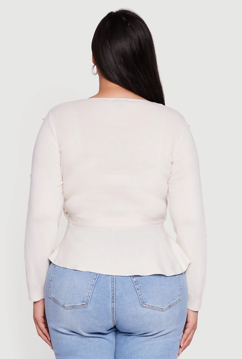 Plus Faux Pearl Wrap Sweater with Tie Waist Belt