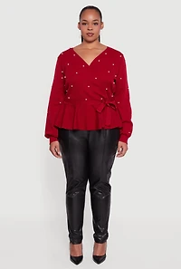 Plus Faux Pearl Wrap Sweater with Tie Waist Belt