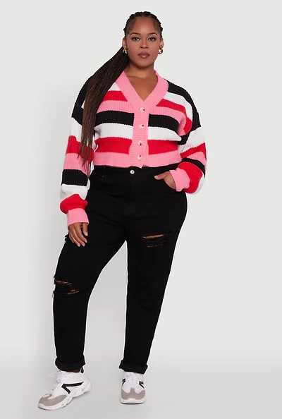 Womens Plus Daisy Striped Cropped Button Front Cardigan, Multi,