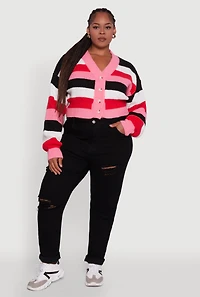 Womens Plus Size Daisy Striped Cropped Button Front Cardigan, Multi, Size 1X