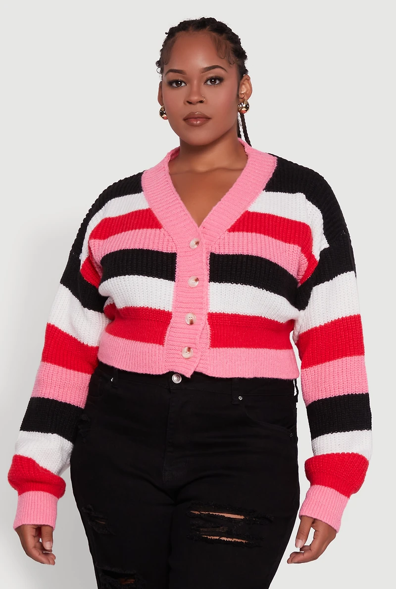 Womens Plus Size Daisy Striped Cropped Button Front Cardigan, Multi, Size 1X
