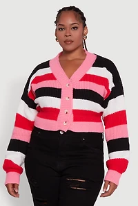 Womens Plus Size Daisy Striped Cropped Button Front Cardigan, Multi, Size 1X