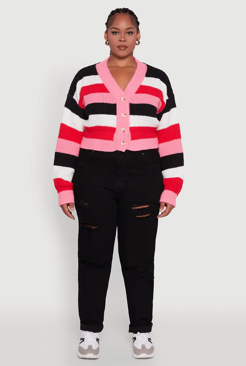 Plus Daisy Striped Cropped Button Front Cardigan
