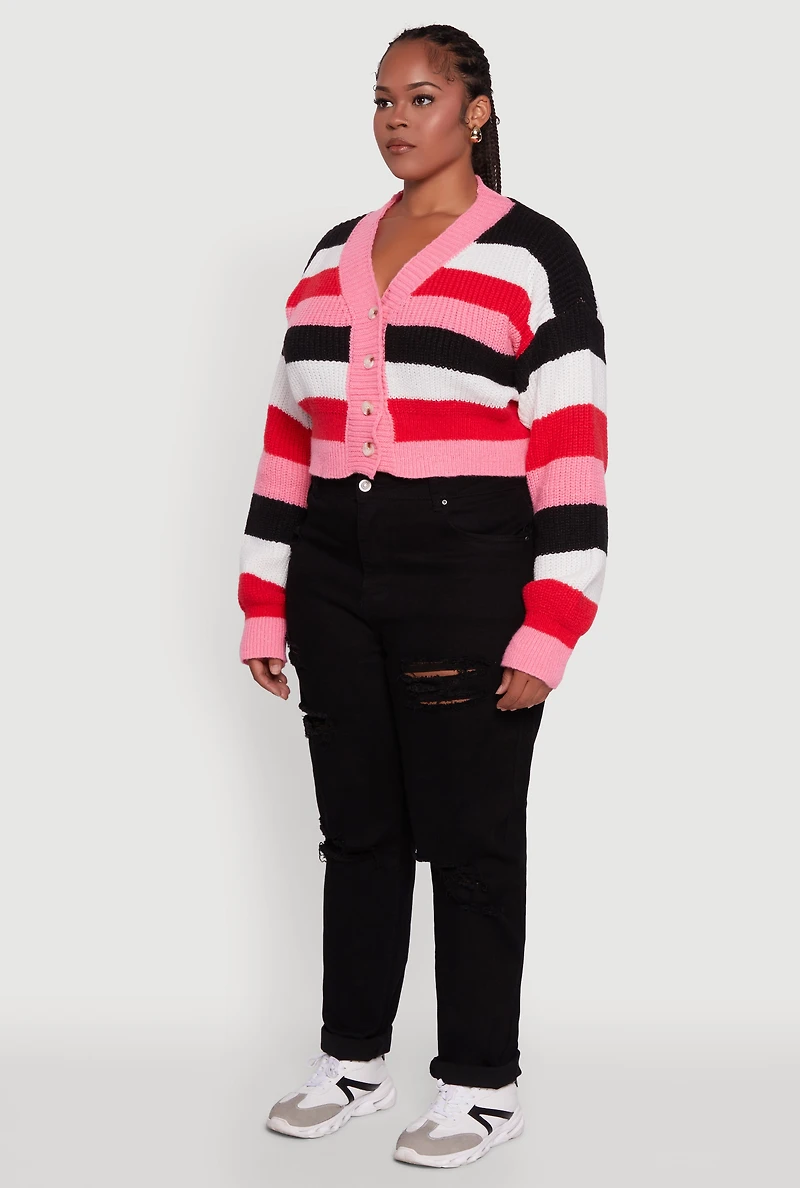 Womens Plus Size Daisy Striped Cropped Button Front Cardigan, Multi, Size 1X