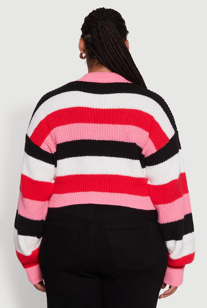 Womens Plus Size Daisy Striped Cropped Button Front Cardigan, Multi, Size 1X