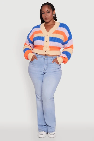 Womens Plus Size Daisy Striped Cropped Button Front Cardigan, Multi, Size 3X