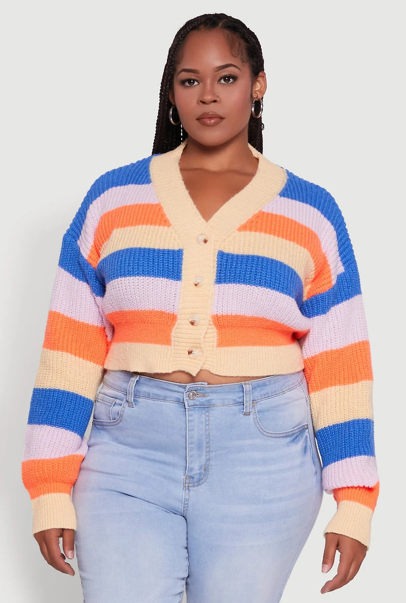 Womens Plus Size Daisy Striped Cropped Button Front Cardigan, Multi, Size 3X
