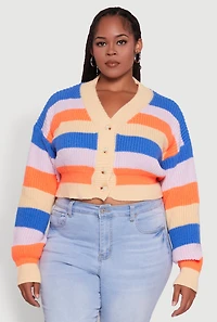 Womens Plus Size Daisy Striped Cropped Button Front Cardigan, Multi, Size 3X