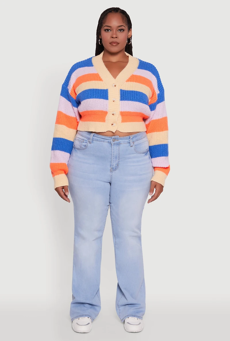 Womens Plus Daisy Striped Cropped Button Front Cardigan, Multi,