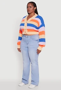 Womens Plus Size Daisy Striped Cropped Button Front Cardigan, Multi, Size 2X