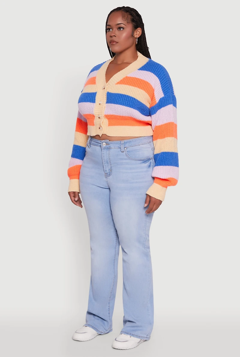 Womens Plus Size Daisy Striped Cropped Button Front Cardigan, Multi, Size 3X
