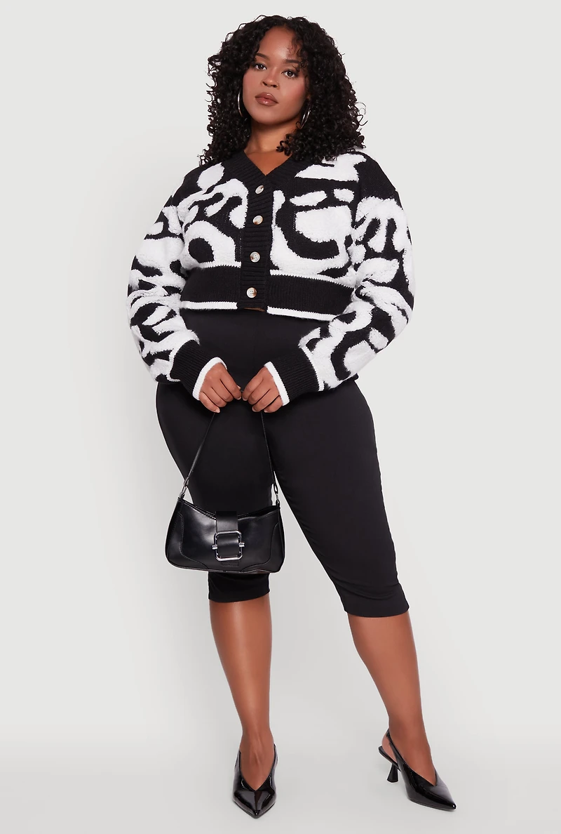 Womens Plus Size Tufted Knit Button Front Cropped Cardigan, Black, Size 2X
