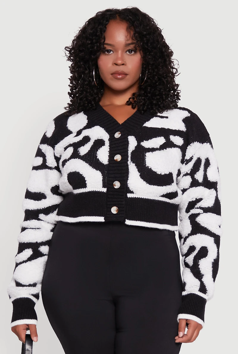 Womens Plus Size Tufted Knit Button Front Cropped Cardigan, Black, Size 2X