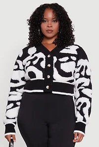 Womens Plus Size Tufted Knit Button Front Cropped Cardigan, Black, Size 2X