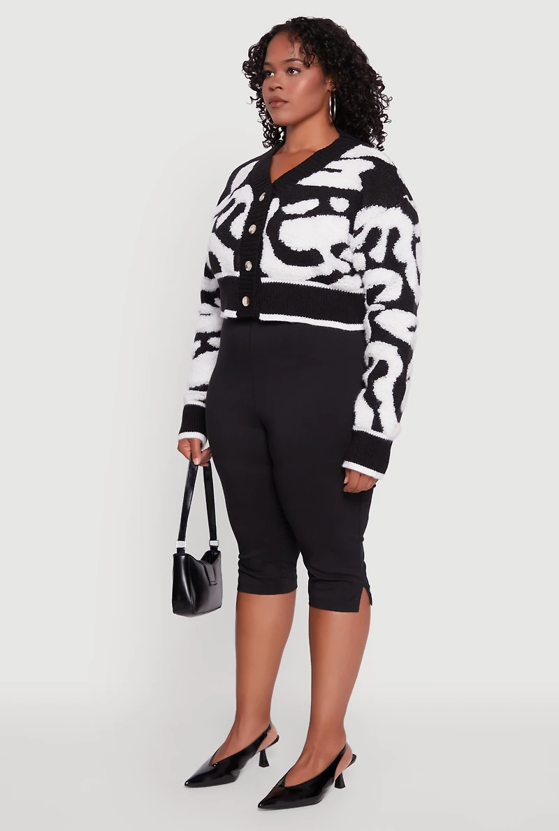 Womens Plus Size Tufted Knit Button Front Cropped Cardigan, Black, Size 2X