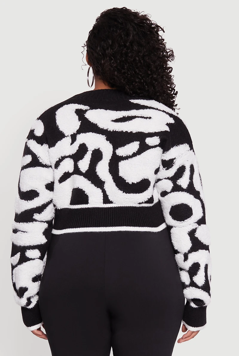 Womens Plus Size Tufted Knit Button Front Cropped Cardigan, Black, Size 2X